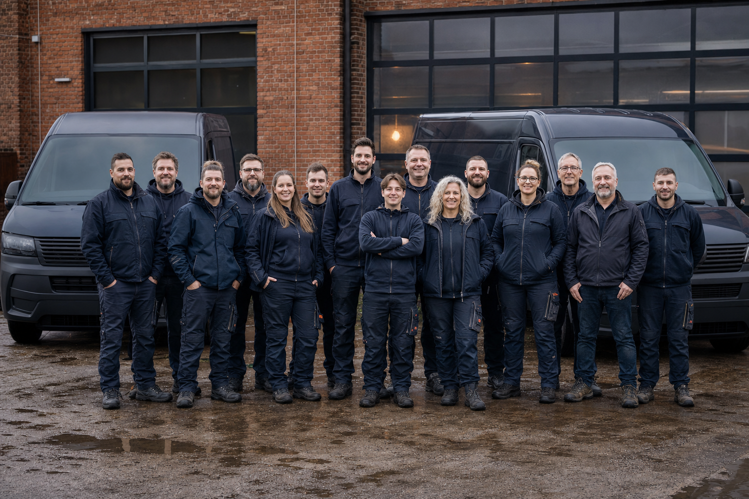 Das 14-köpfige Team von Stromwerk Hansen vor der Werkstatt in Bahrenfeld