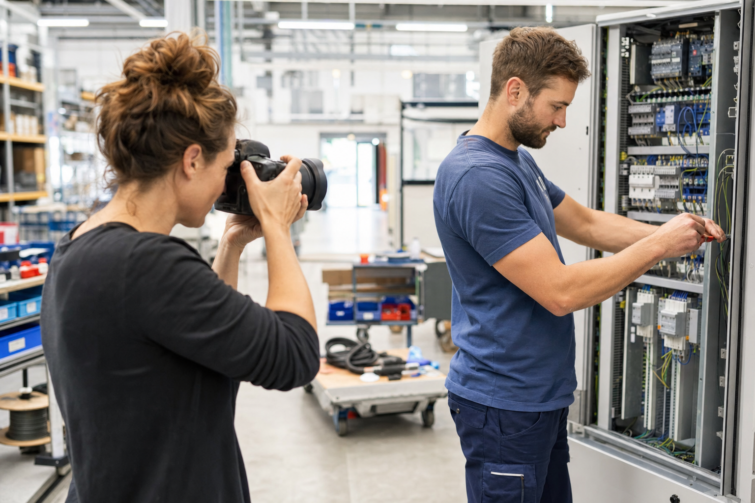 Teamgeber-Mitarbeiterin fotografiert einen Elektriker bei der Arbeit für die Kampagne