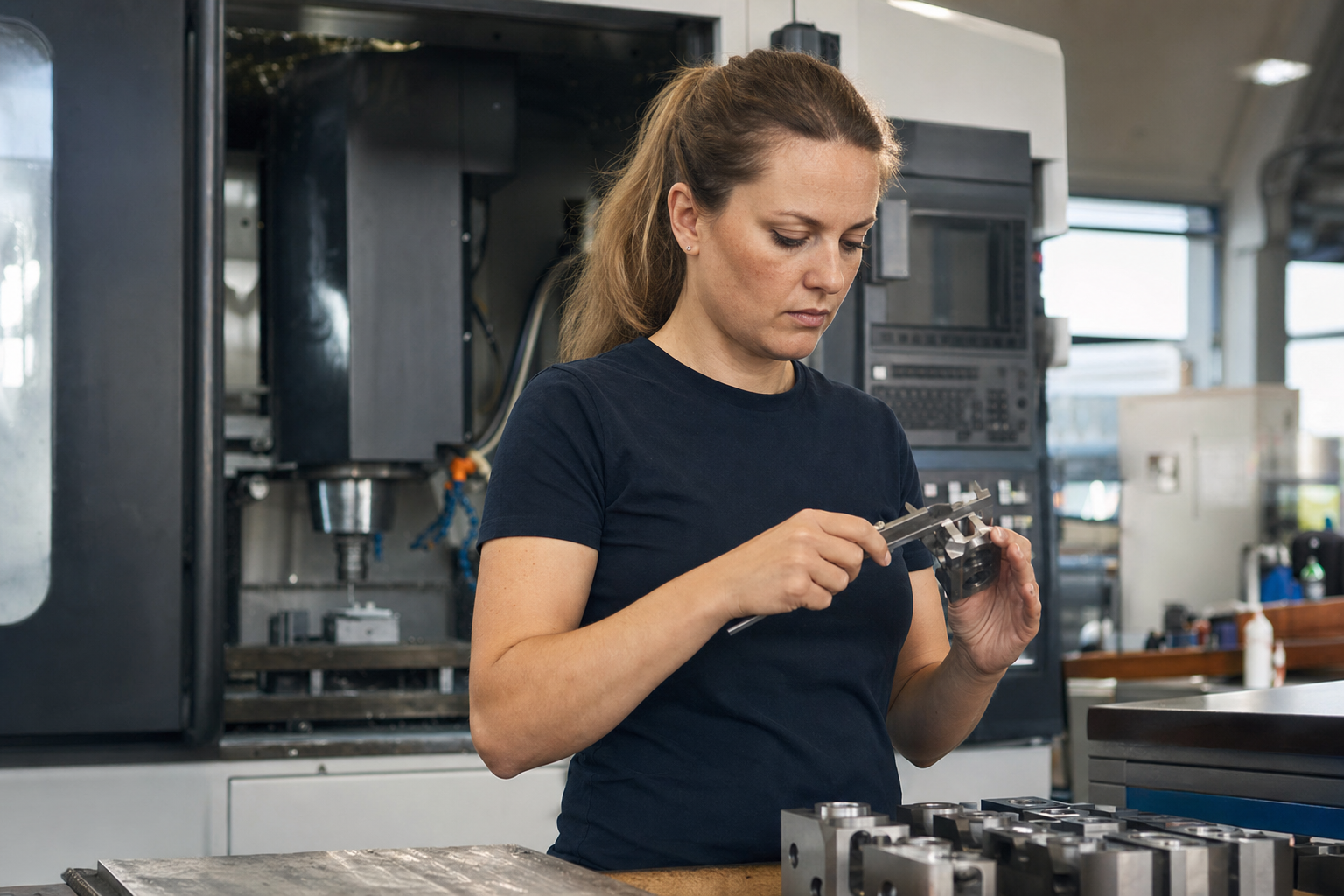 Maschinenführerin prüft ein Metallteil an der CNC-Fräse
