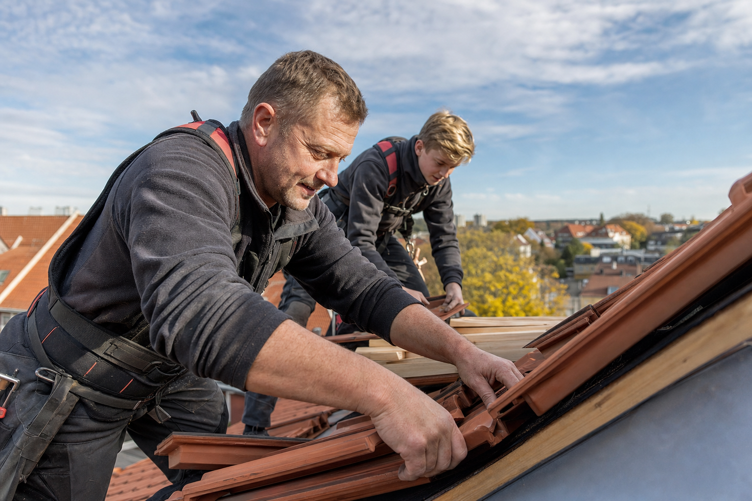 Dachdecker und Azubi decken ein Steildach mit Tonziegeln