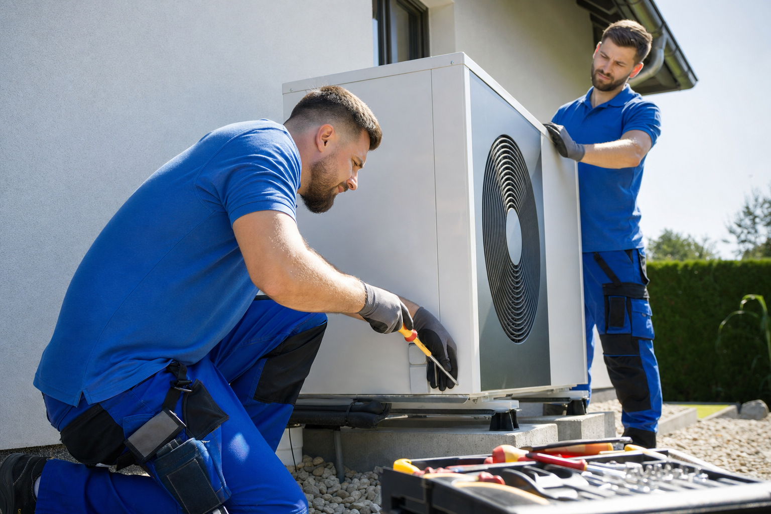 Anlagenmechaniker installiert eine Wärmepumpe, sein neuer Kollege arbeitet zu