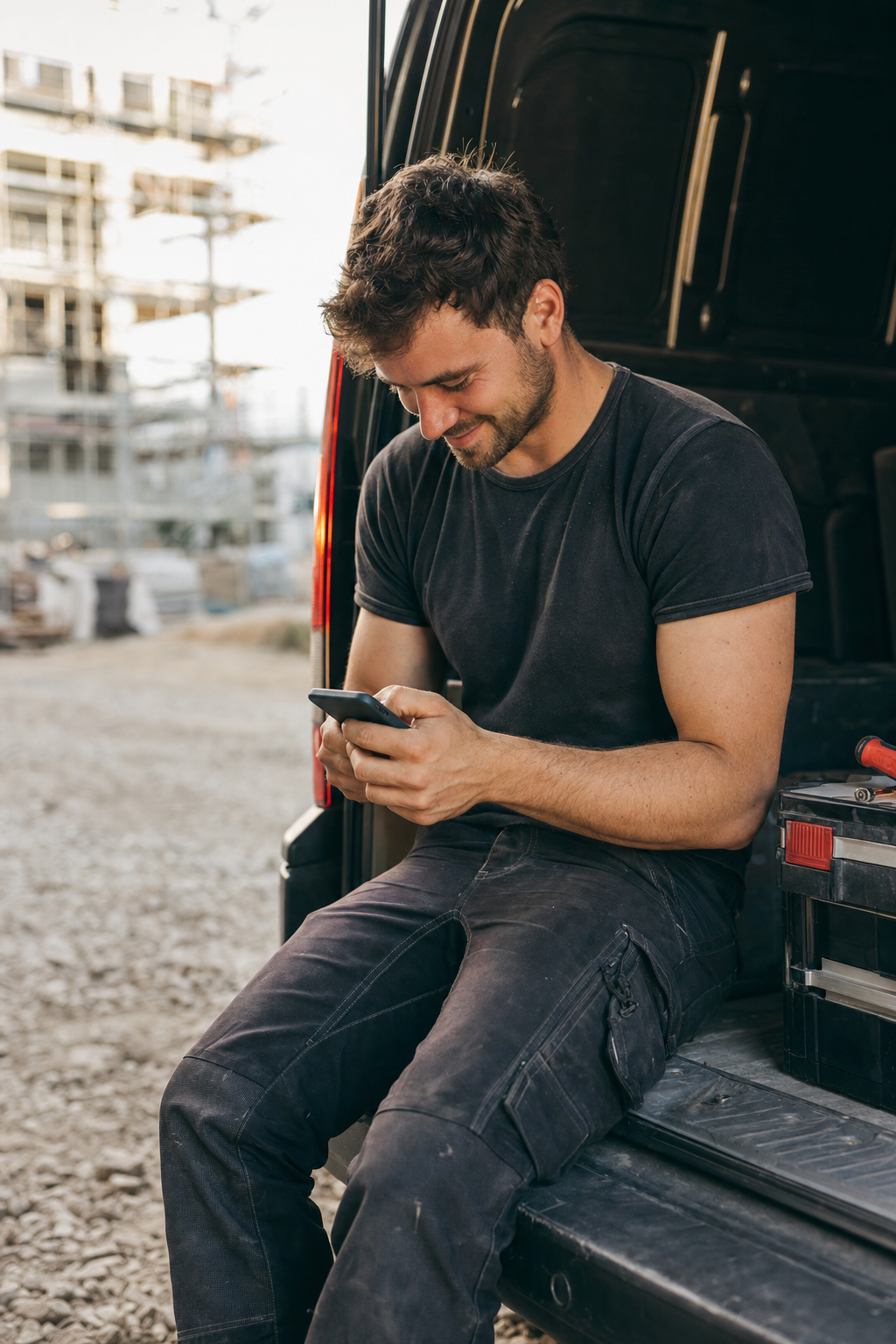 Junger Handwerker sieht in seiner Pause eine Teamgeber-Kampagne auf dem Handy