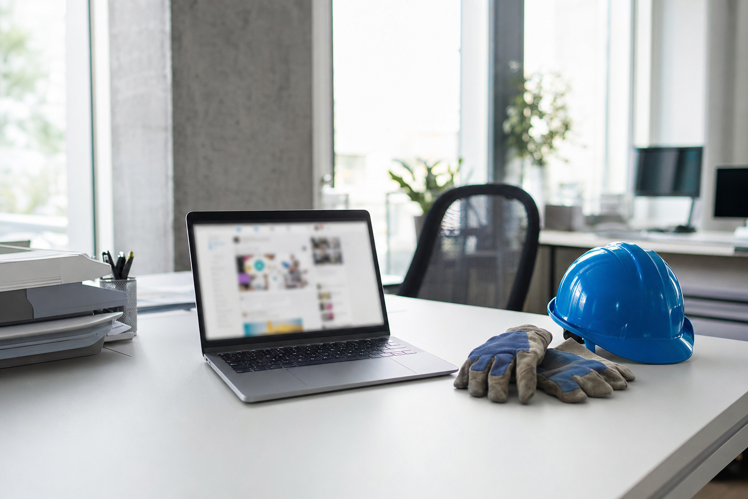 Arbeitsplatz mit Laptop und Arbeitshelm: Hier entstehen die regionalen Kampagnen