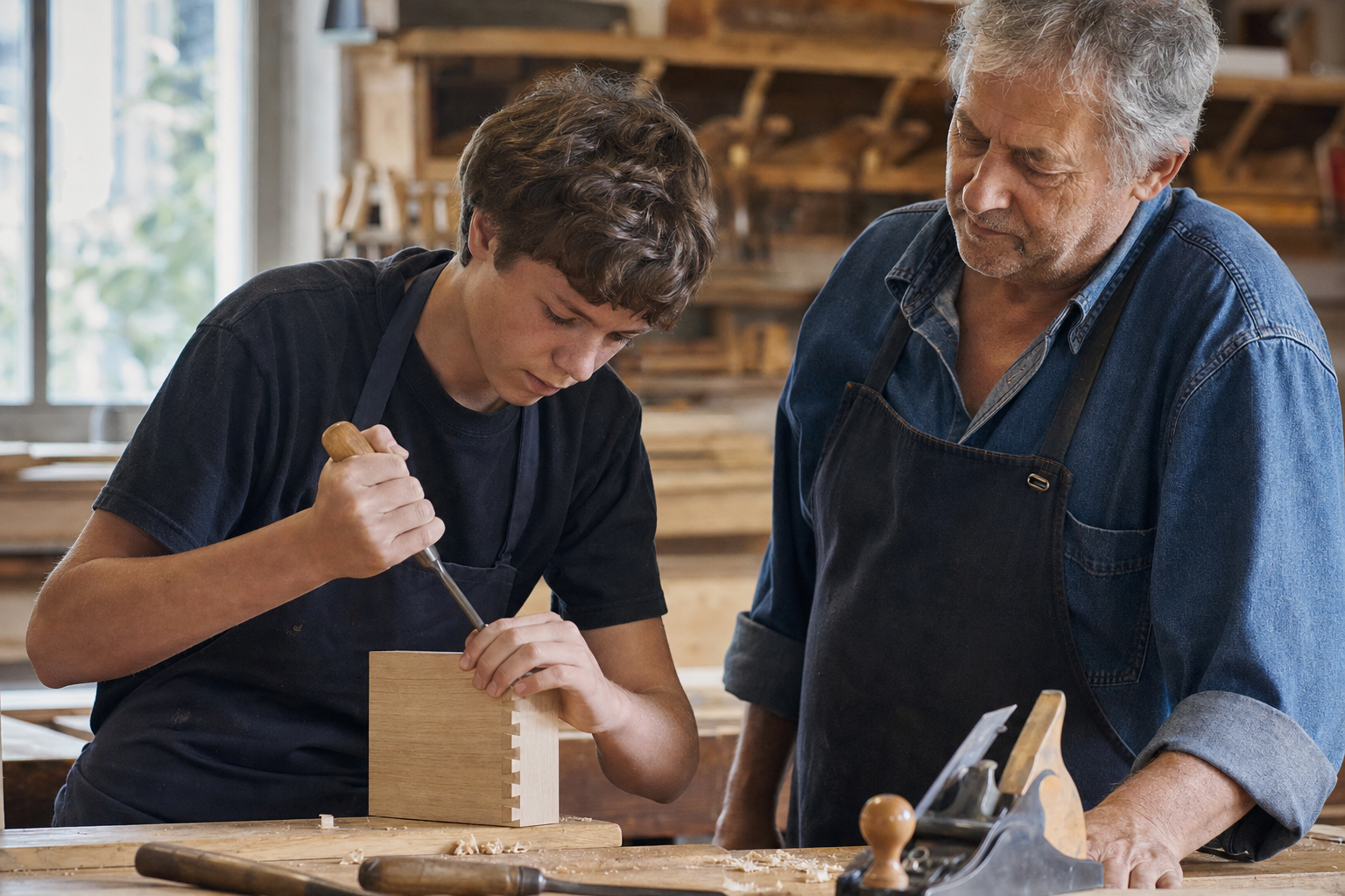 Auszubildender übt eine Holzverbindung an der Werkbank, der Meister schaut zu