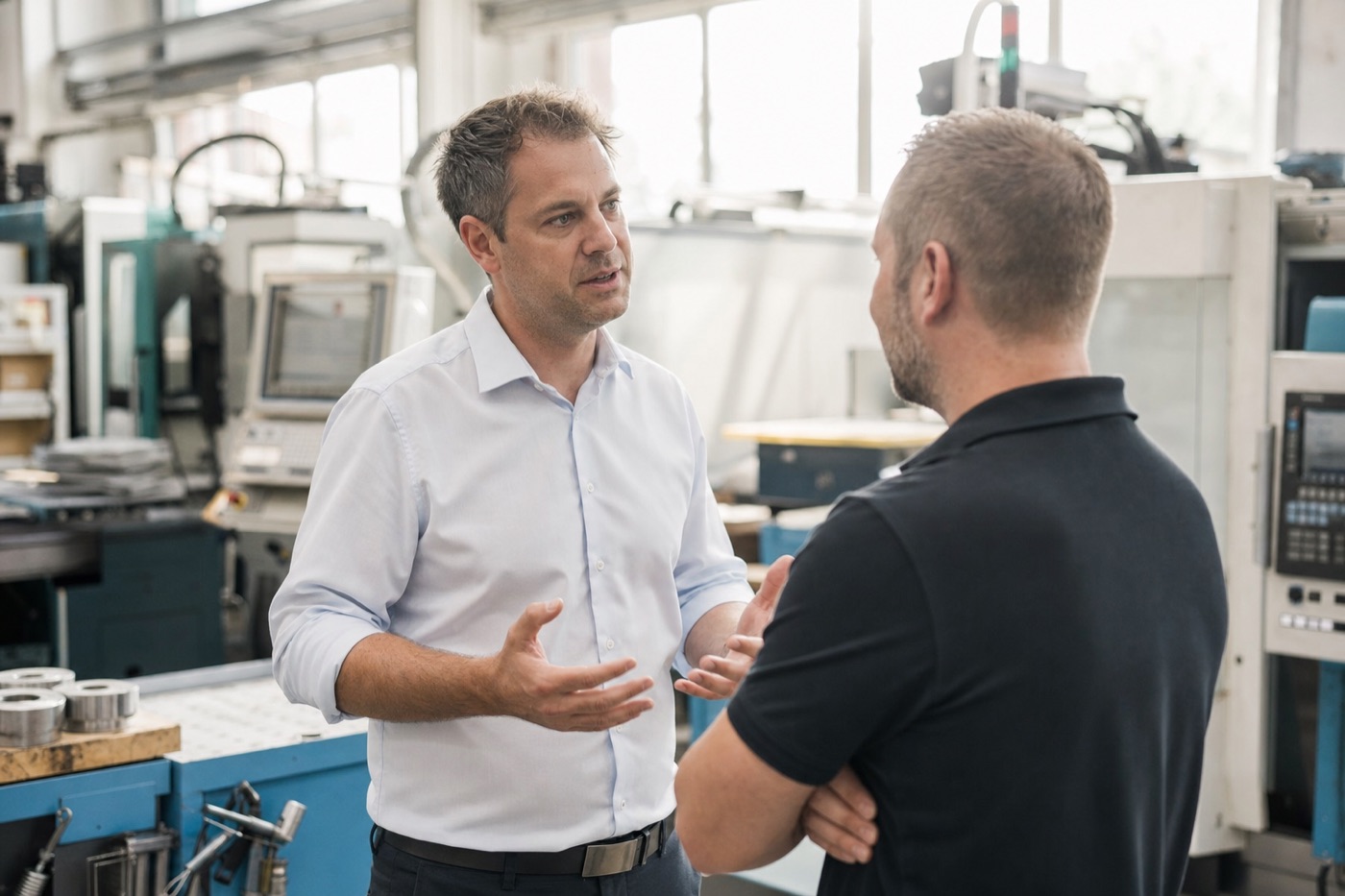 Berater im Gespräch mit einem Produktionsleiter in der Fertigungshalle