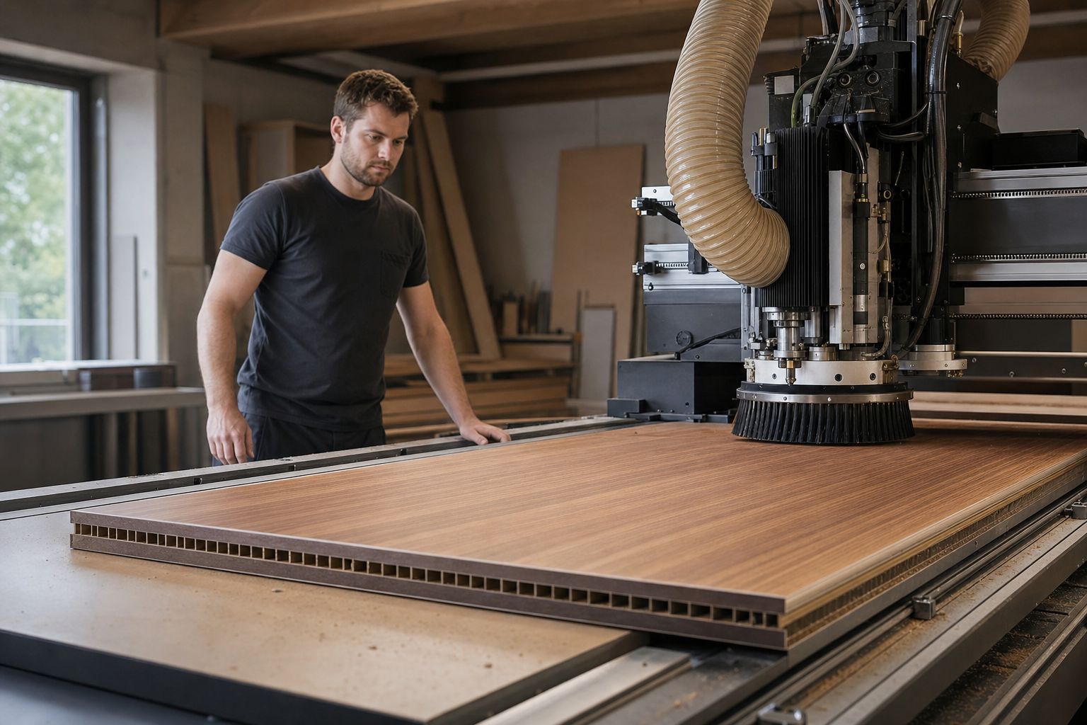 CNC-Fräse der Tischlerei Kappenberg beim Zuschnitt einer furnierten Platte