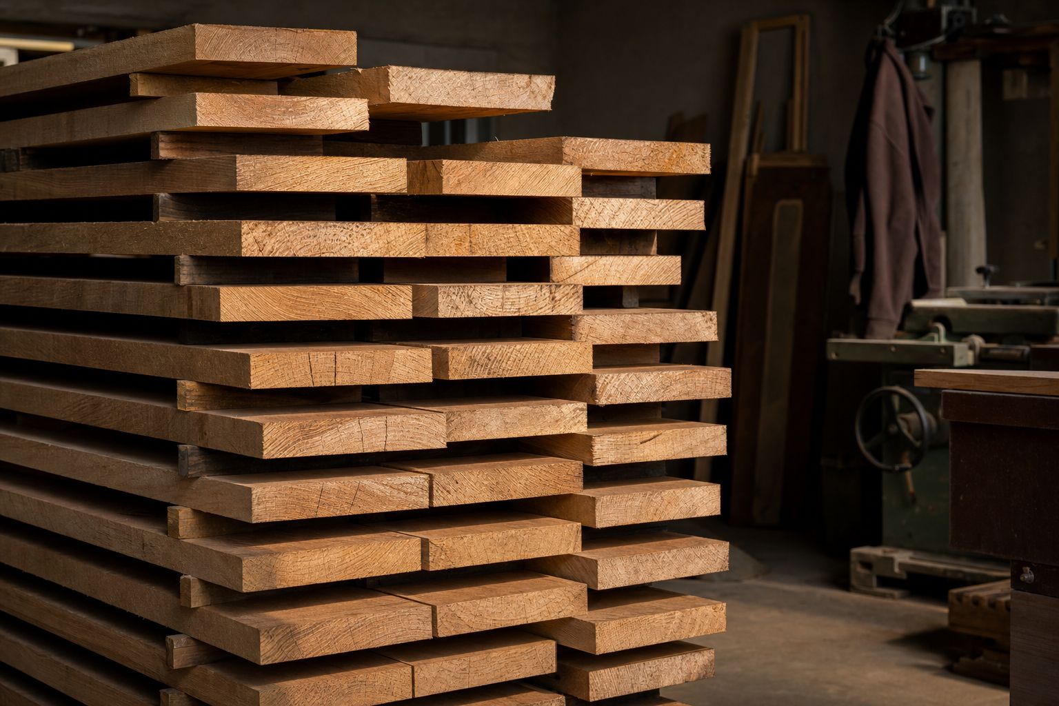 Holzlager der Tischlerei Kappenberg mit aufgestapelten Eichenbohlen und Stapellatten