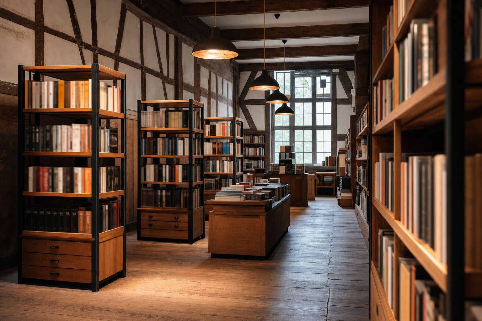 Buchhandlung am Markt — Eiche massiv + Stahl, geschwärzt, Warendorf, Marktplatz