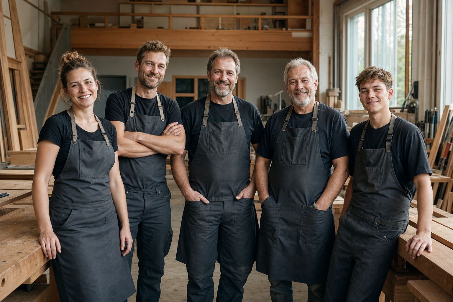 Das sechsköpfige Team der Tischlerei Kappenberg zwischen den Hobelbänken der Werkstatt