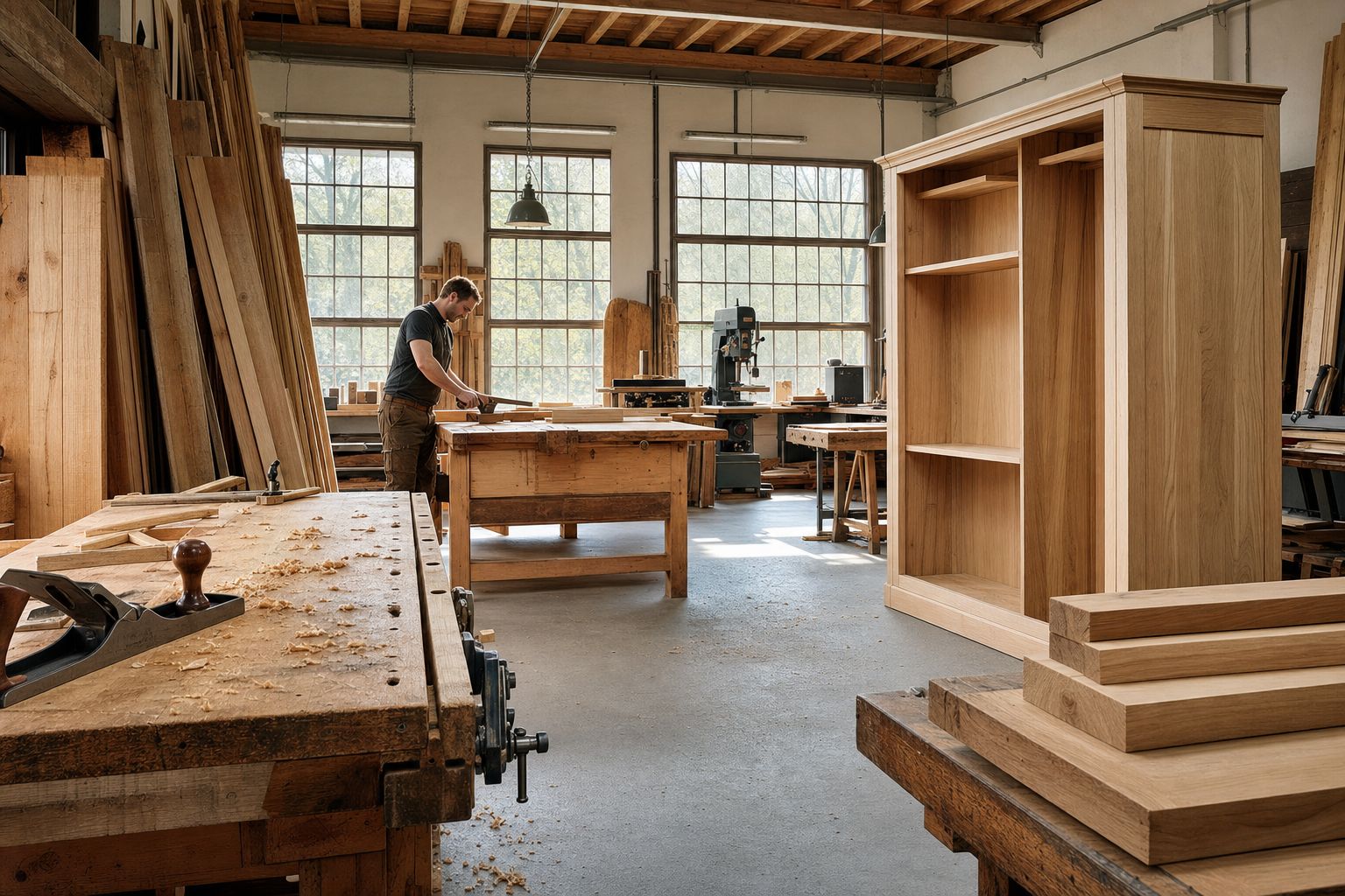 Die 650 Quadratmeter große Werkstatthalle der Tischlerei Kappenberg mit Hobelbänken und Holzlager