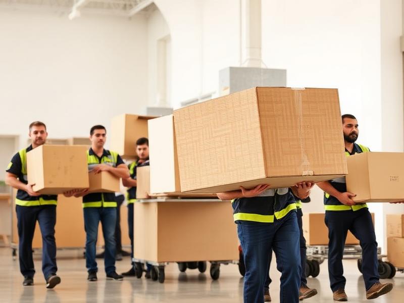 Das Umzugsteam von UMZUGSPROFI 24 in Arbeitskleidung mit Umzugskartons